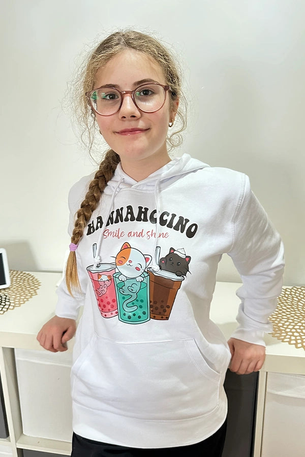 Hannahccino Cat Kids Hoodie White